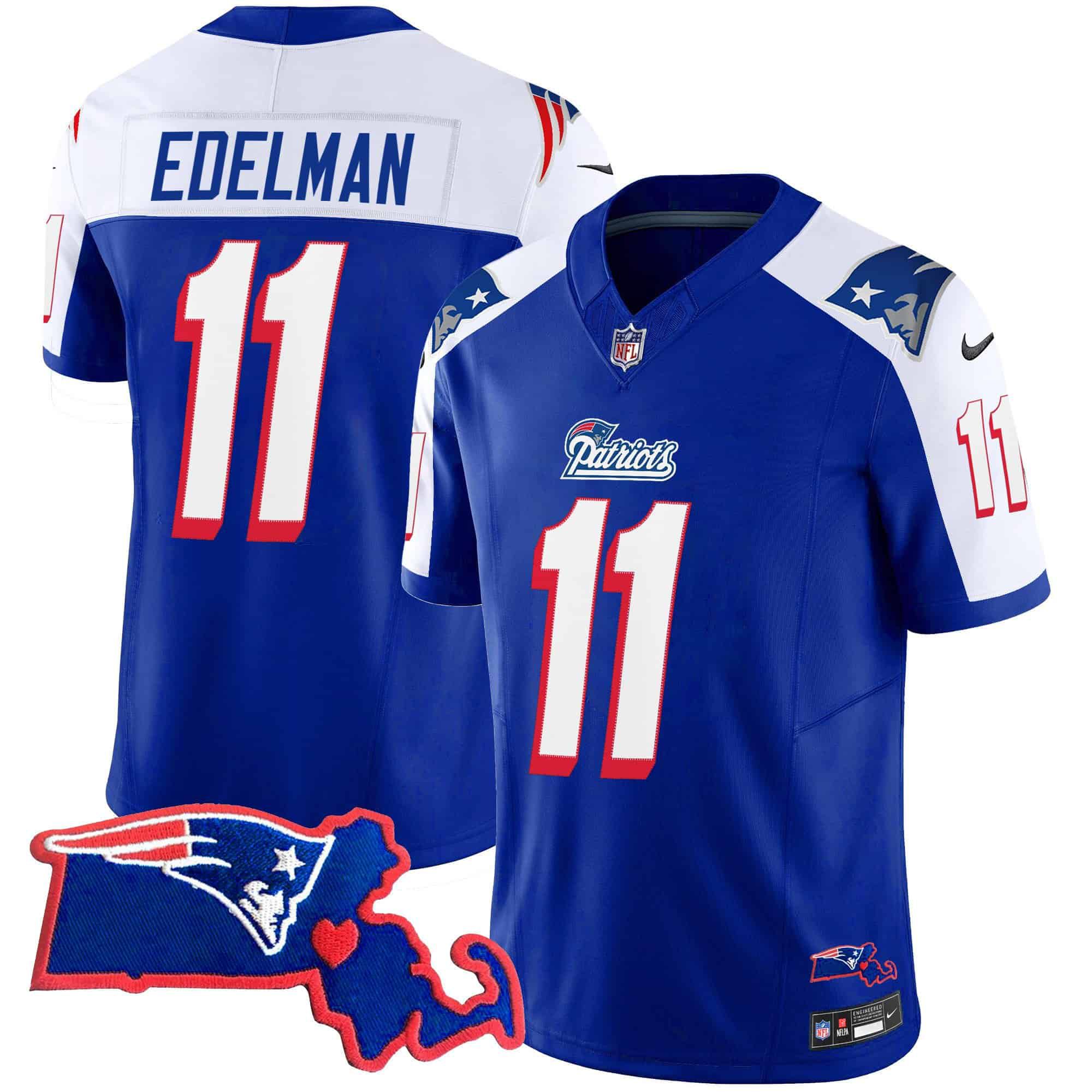 Men New England Patriots #11 Edelman Blue 2024 Nike Patch Vapor Limited NFL Jersey